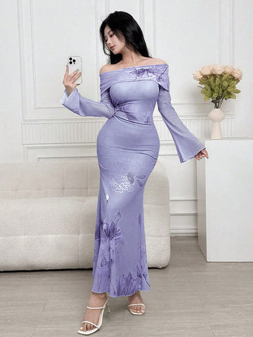 Women Off Shoulder Long Sleeve Floral Print Casual Dress
