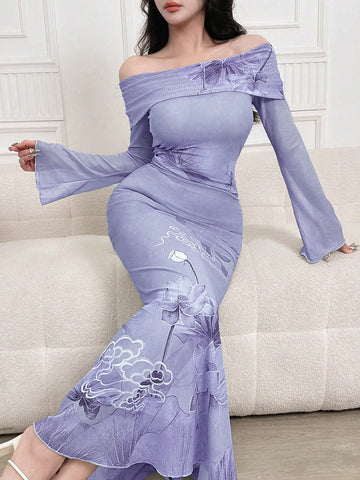 Women Off Shoulder Long Sleeve Floral Print Casual Dress