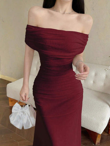 Women's Mesh Off Shoulder Ruched Waist Dress