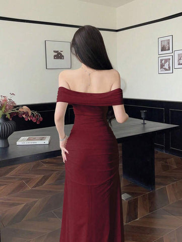 Women's Mesh Off Shoulder Ruched Waist Dress