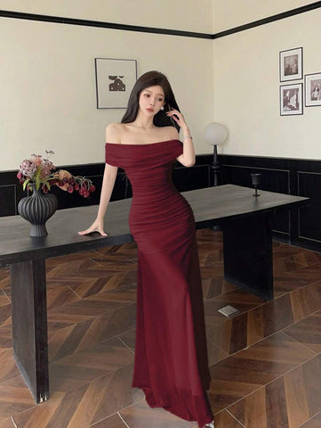 Women's Mesh Off Shoulder Ruched Waist Dress