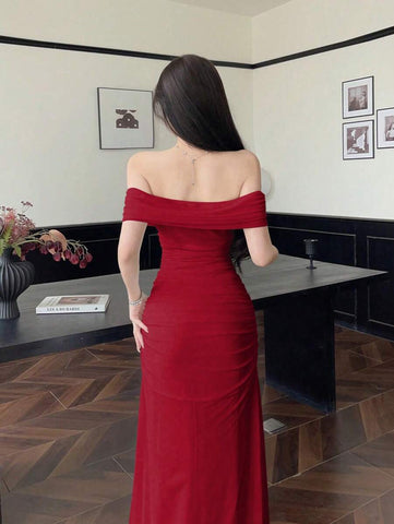 Women's Mesh Off Shoulder Ruched Waist Dress