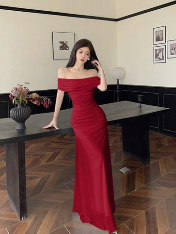 Women's Mesh Off Shoulder Ruched Waist Dress