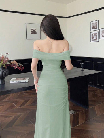 Women's Mesh Off Shoulder Ruched Waist Dress