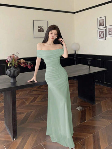 Women's Mesh Off Shoulder Ruched Waist Dress