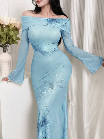 Women Off Shoulder Long Sleeve Floral Print Casual Dress