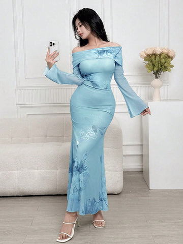 Women Off Shoulder Long Sleeve Floral Print Casual Dress