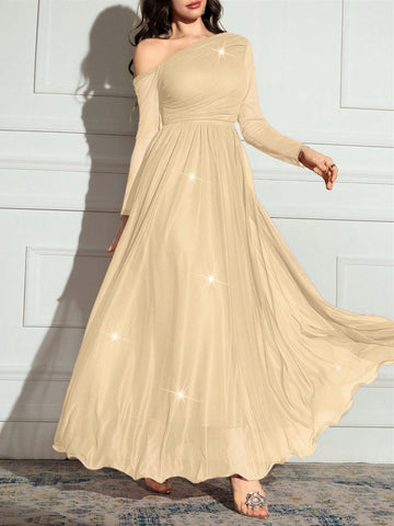Women's Solid Color Asymmetrical Neck Long Sleeve Sparkly Glamorous Elegant Dress