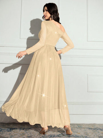 Women's Solid Color Asymmetrical Neck Long Sleeve Sparkly Glamorous Elegant Dress