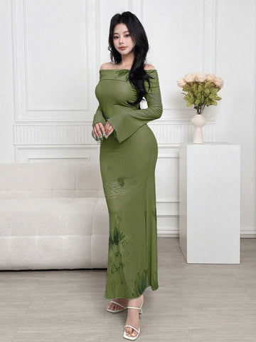Women Off Shoulder Long Sleeve Floral Print Casual Dress