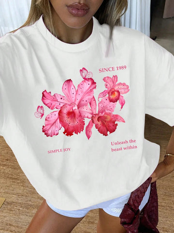 EZwear Oversized Casual Cherry Pattern Round Neck Short Sleeve T-Shirt