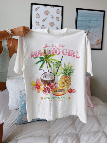 EZwear Oversized Casual Cherry Pattern Round Neck Short Sleeve T-Shirt