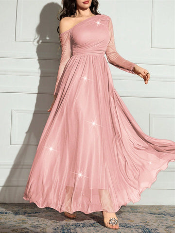 Women's Solid Color Asymmetrical Neck Long Sleeve Sparkly Glamorous Elegant Dress