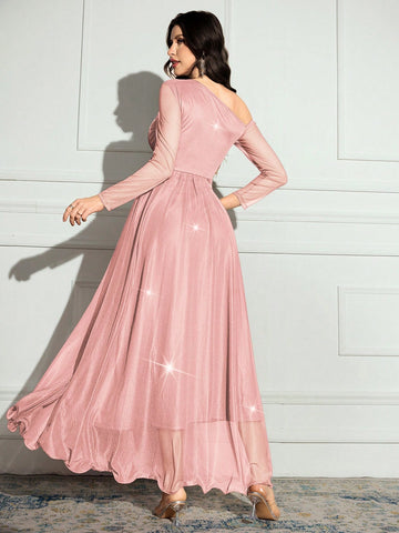 Women's Solid Color Asymmetrical Neck Long Sleeve Sparkly Glamorous Elegant Dress