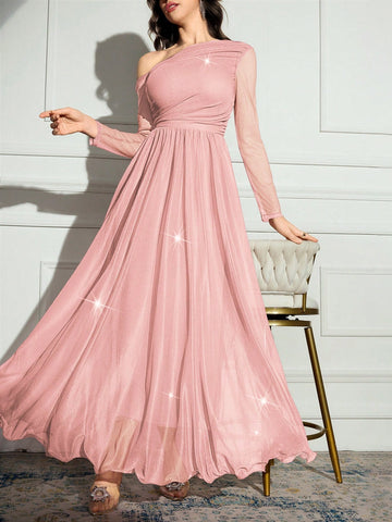 Women's Solid Color Asymmetrical Neck Long Sleeve Sparkly Glamorous Elegant Dress