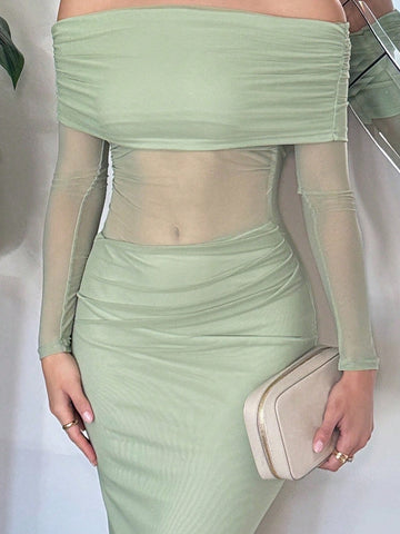 Women's Elegant Sexy Waist Tightening Ruched Sheer Bodycon Long Sleeve Party Dress