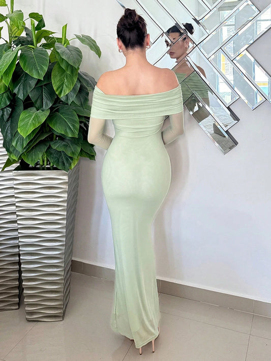 Women's Elegant Sexy Waist Tightening Ruched Sheer Bodycon Long Sleeve Party Dress
