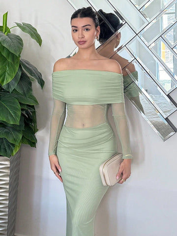 Women's Elegant Sexy Waist Tightening Ruched Sheer Bodycon Long Sleeve Party Dress