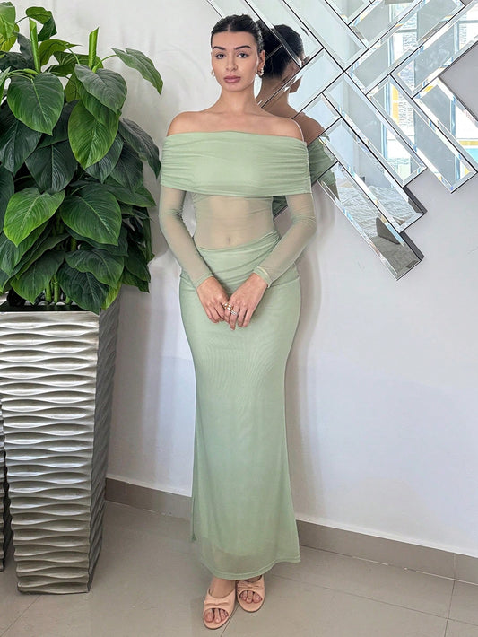 Women's Elegant Sexy Waist Tightening Ruched Sheer Bodycon Long Sleeve Party Dress