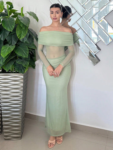 Women's Elegant Sexy Waist Tightening Ruched Sheer Bodycon Long Sleeve Party Dress