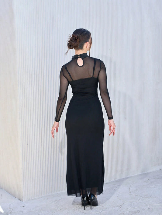 1pc Black Mesh Floral 3D Applique Long Sleeve Bodycon Dress