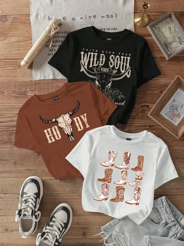3pcs California Letter Graphic Round Neck Short Sleeve Cropped T-Shirt