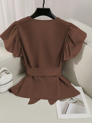 V-Neck Solid Color Ruffle Sleeve Tie Waist Shirt With Sash
