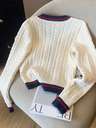 Striped Contrast Color Gold Button Knit Cardigan