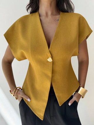 V-Neck Single-Breasted Asymmetric Hem Sleeveless Top