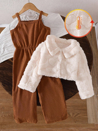 Casual Thicken Fleece Plaid Jacquard Jumpsuit Set