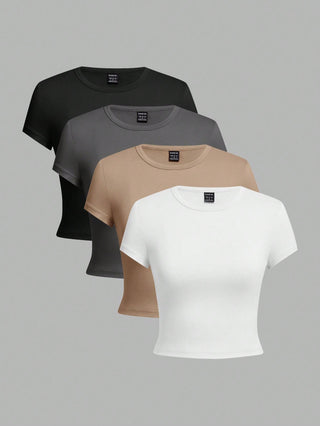 4pcs/Set Casual Versatile Round Neck Short Sleeve Shirt