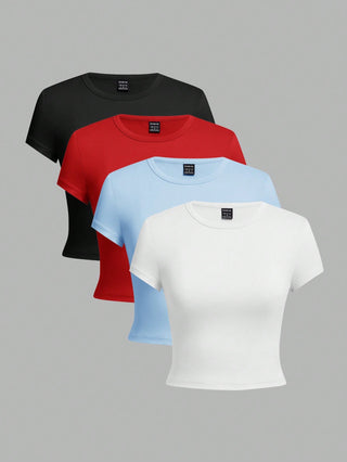 4pcs/Set Casual Versatile Round Neck Short Sleeve Shirt