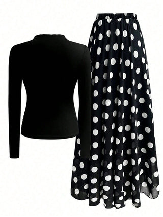Solid Crew Neck Pleated Fitted Long Sleeve T-Shirt + Leopard Print Skirt