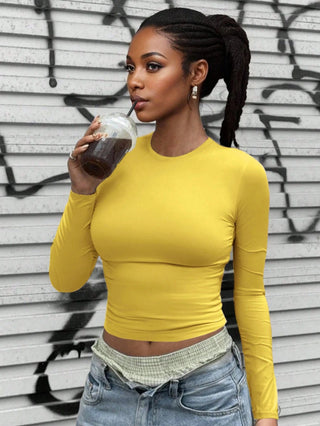 Round Neck Long Sleeve Fitted Casual T-Shirt