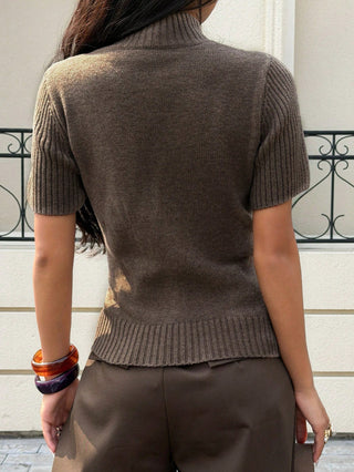 Solid Color Turtleneck Short Sleeve Knit Top