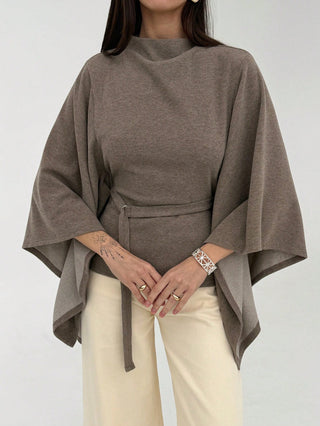 Collar Batwing Sleeve Loose Casual Top Detachable Belt