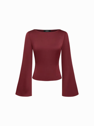 Satin Boat Neck Bell Sleeve Blouse