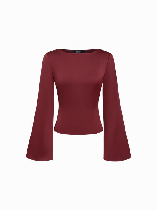Satin Boat Neck Bell Sleeve Blouse