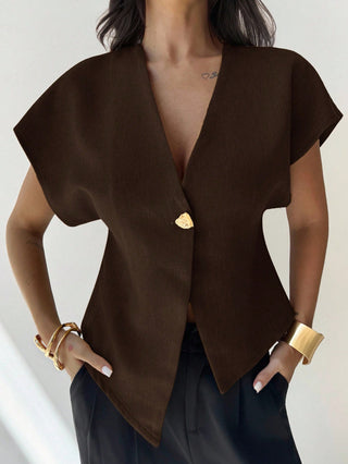 V-Neck Single-Breasted Asymmetric Hem Sleeveless Top