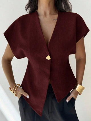 V-Neck Single-Breasted Asymmetric Hem Sleeveless Top