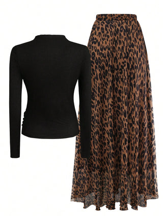 Solid Crew Neck Pleated Fitted Long Sleeve T-Shirt + Leopard Print Skirt