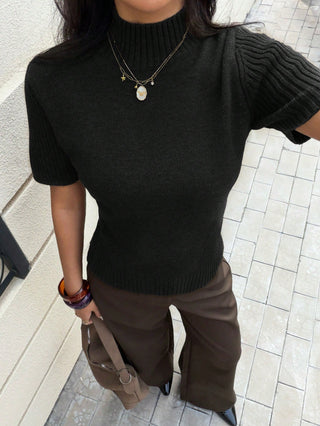Solid Color Turtleneck Short Sleeve Knit Top