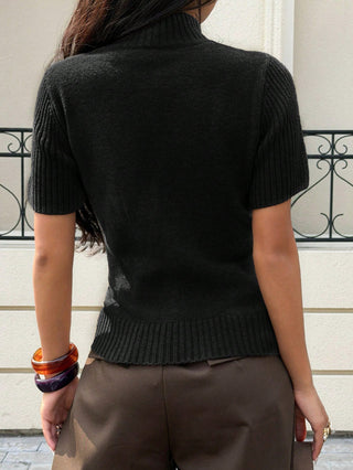 Solid Color Turtleneck Short Sleeve Knit Top