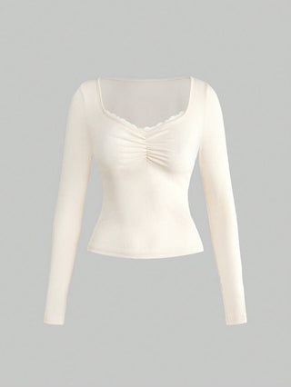 Lace Sweetheart Neck Pleated Long Sleeve T-Shirt