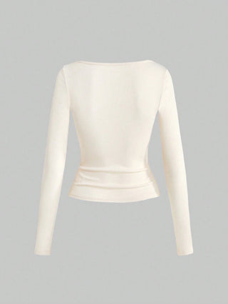 Lace Sweetheart Neck Pleated Long Sleeve T-Shirt
