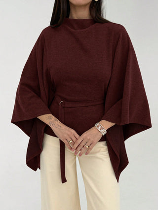 Collar Batwing Sleeve Loose Casual Top Detachable Belt