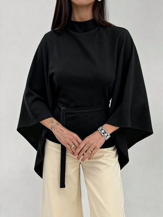 Collar Batwing Sleeve Loose Casual Top Detachable Belt