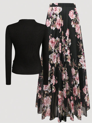 Solid Crew Neck Pleated Fitted Long Sleeve T-Shirt + Leopard Print Skirt
