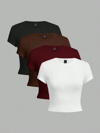 4pcs/Set Casual Versatile Round Neck Short Sleeve Shirt