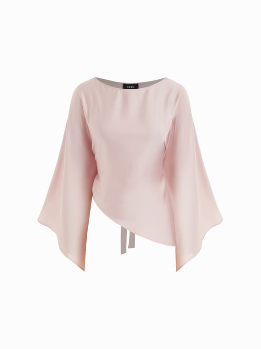 Satin Boat Neck Bell Sleeve Asymmetrical Blouse
